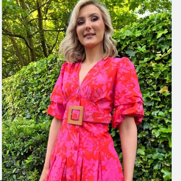 Savida Midi Dress NWT Red Pink Floral Puff Sleeve Belted Midi Tiered Ruffle - Picture 2 of 13